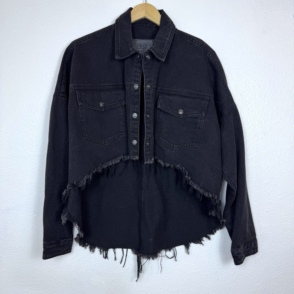 BBJ High Low Denim Jacket Women's Medium Black Distressed Raw Hem Coat